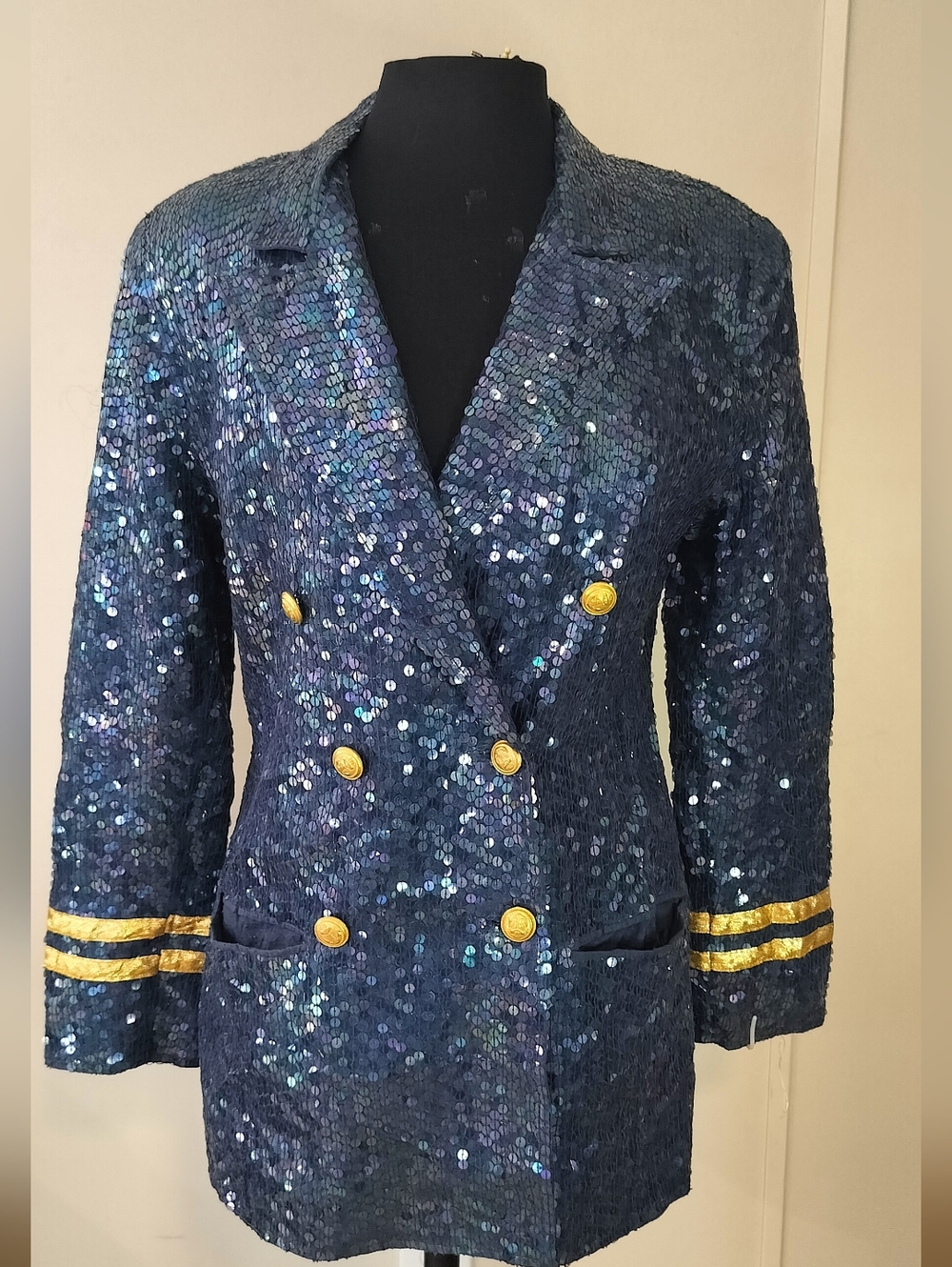 Navy Sequin Double-Breasted Blazer with Gold Trim